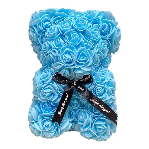A small bear made of big light blue roses