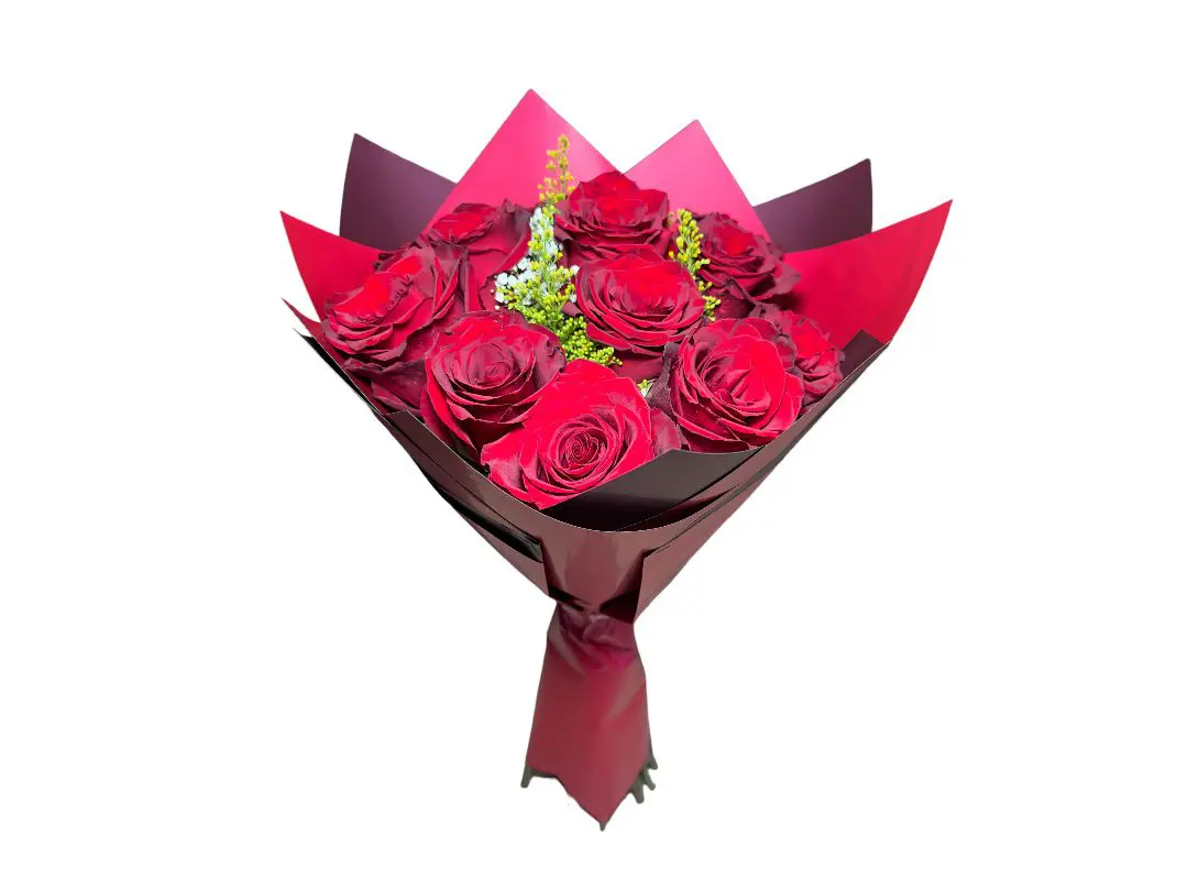 A Long Stem Red Roses Bouquet with green accents wrapped in dark paper with a red ribbon, isolated on a white background.