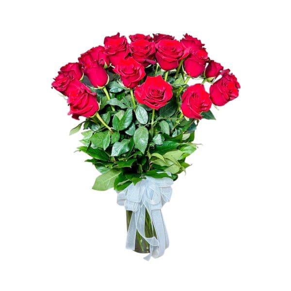 A bouquet of red roses in a vase.