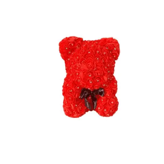 A red rose bear with a black ribbon