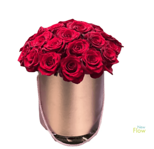 A pink bucket with red roses