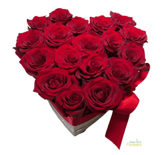 A heart-shaped gift box with red roses