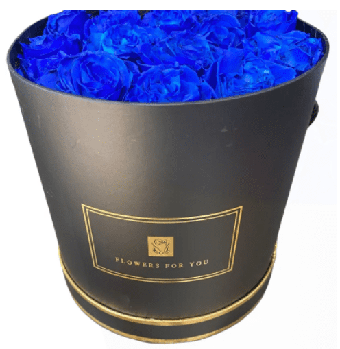 A black gift bucket with blue roses