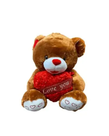 A brown bear plushie with a red heart
