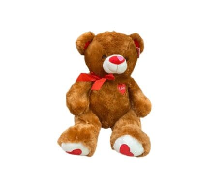 A brown bear plushie with red hearts