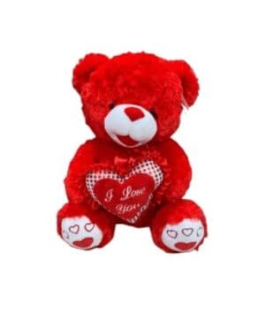 A red bear holding a heart