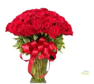 Red roses wrapped with a red ribbon