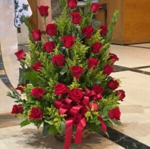 A basket of fuchsia roses