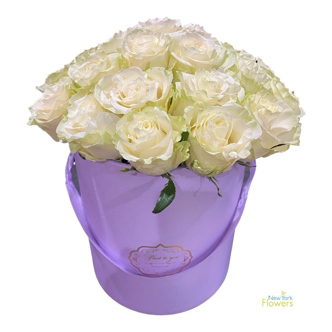 A purple container full of white roses