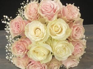 A bundle of light pink and yellow roses