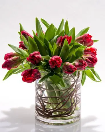 A glass vase with pink tulips