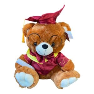 A bear wearing a maroon graduation outfit