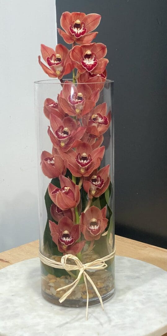 A tall glass vase with red orchids