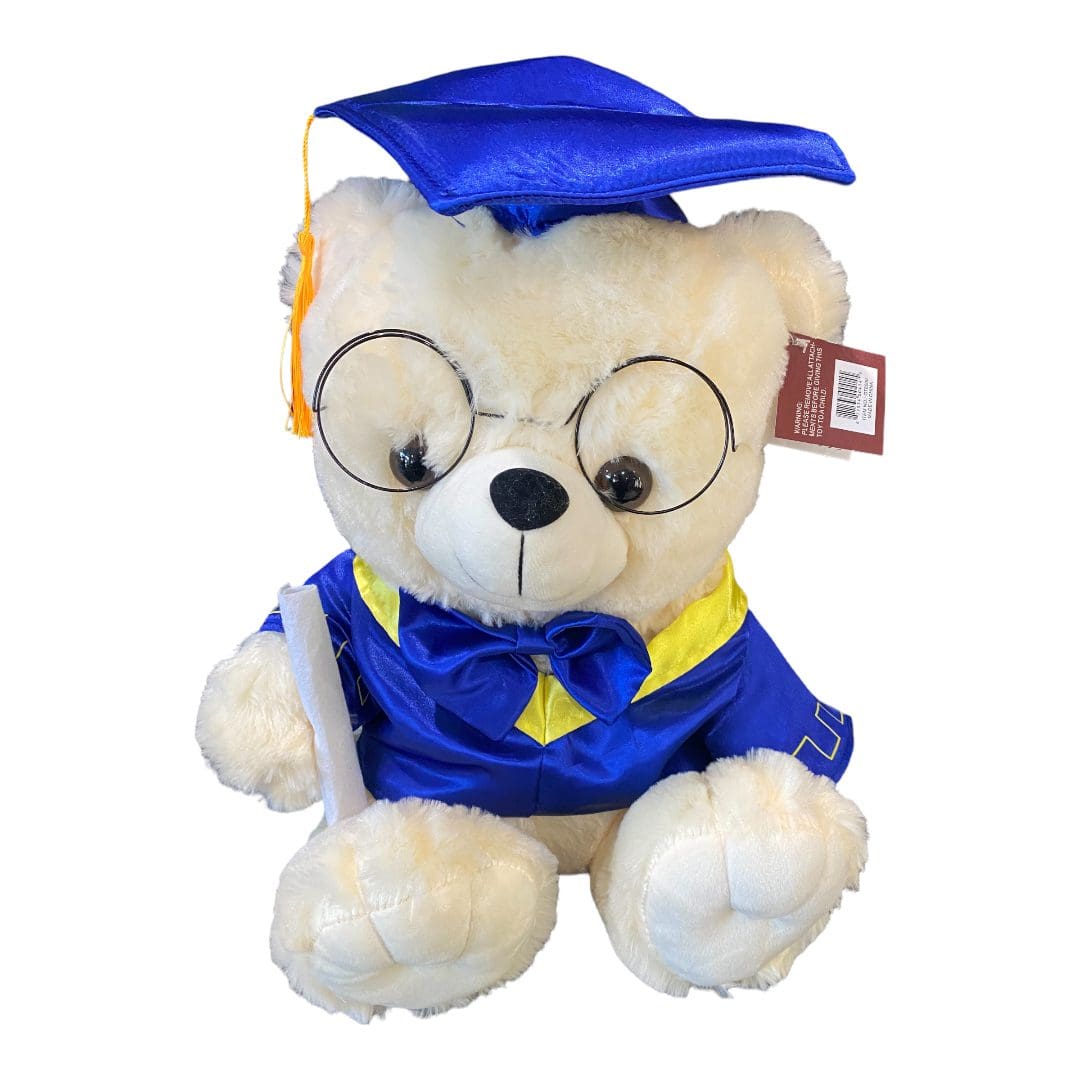 A bear wearing a blue graduation outfit