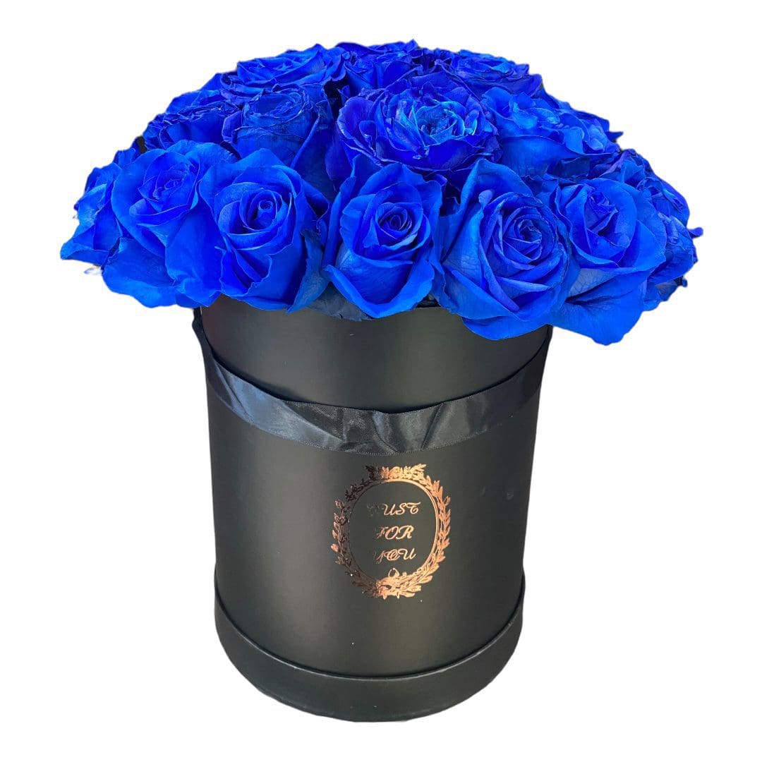 A black box with blue roses
