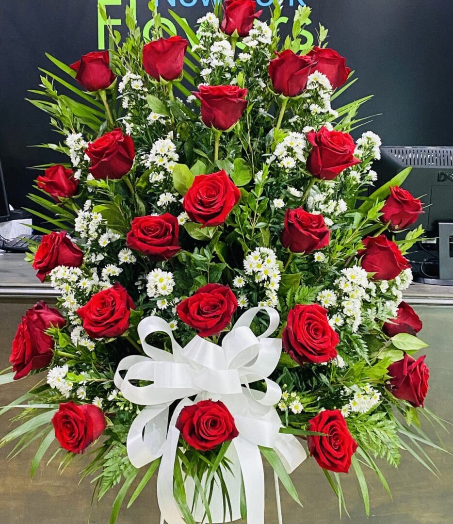 Picture of Basket with Long Stemmed Red Roses