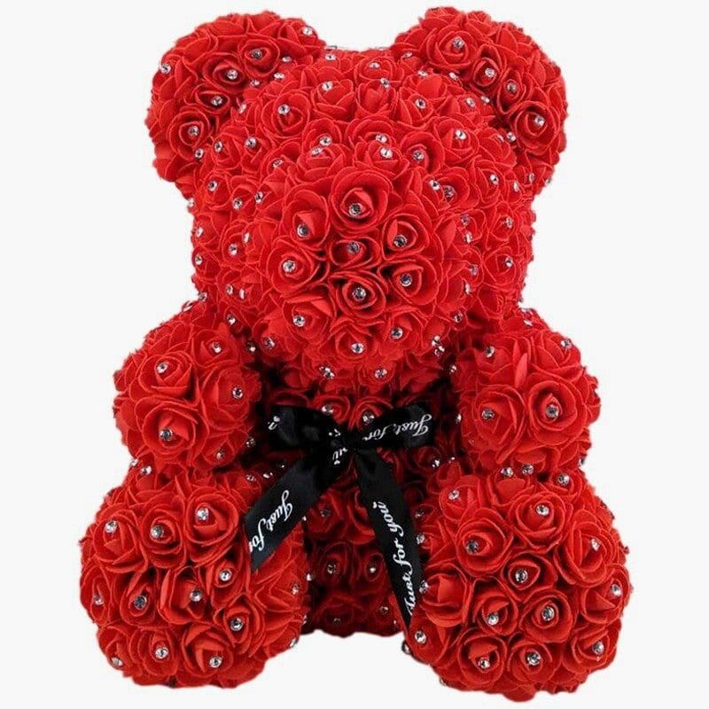 A red rose bear with diamonds