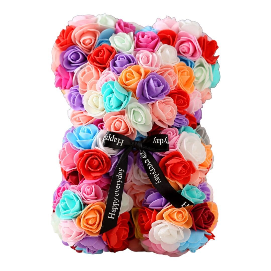 A small bear made of multicolored roses