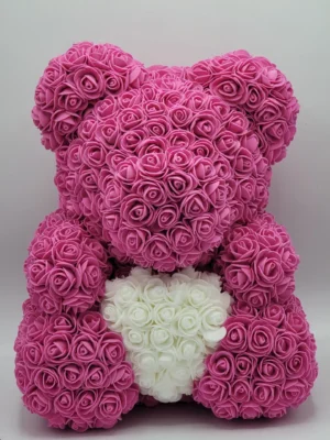 10″ HOT PINK ROSE BEAR WITH WHITE HEART