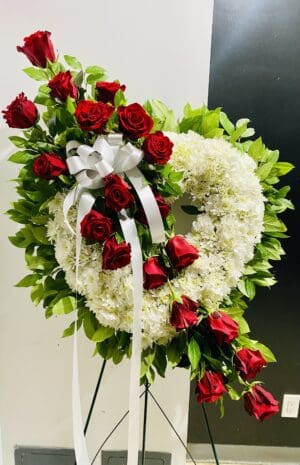 White Standing Open Heart With Red Roses