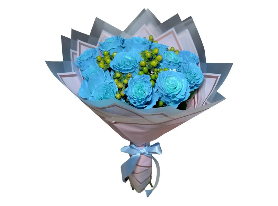 A 12 Blue Roses Bouquet Wrapped with yellow accents in decorative paper with a ribbon.