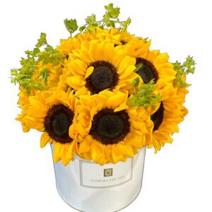 Beautiful White Round Box with Sunflowers