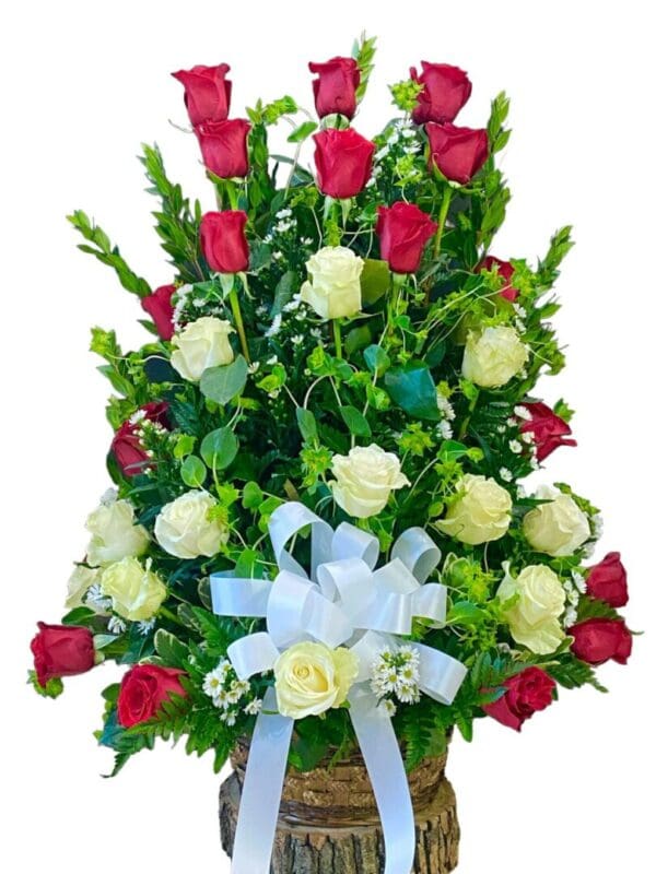 36 Red And White Roses In Basket - Image 2