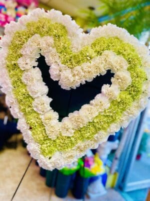 White and Green Carnation Heart Standing Spray