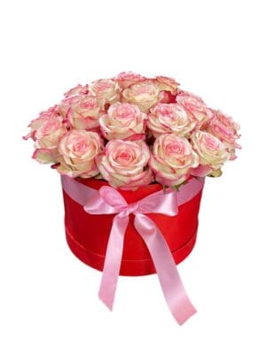 Pink and White Roses In Red Round Box