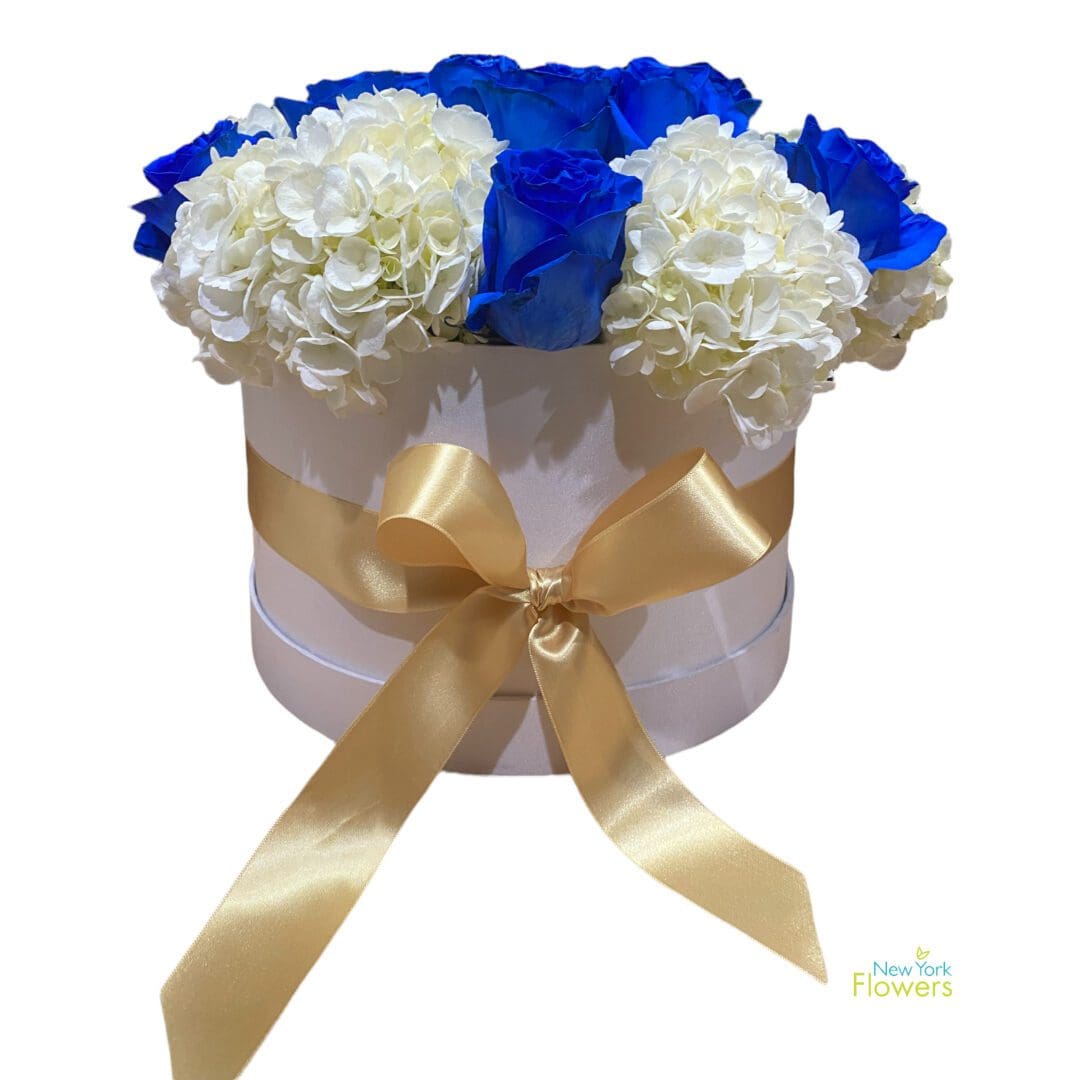 Deluxe White Box with Blue Roses and Hydrangeas
