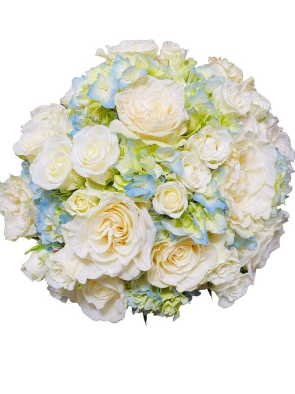 Image of White roses and spray roses blue