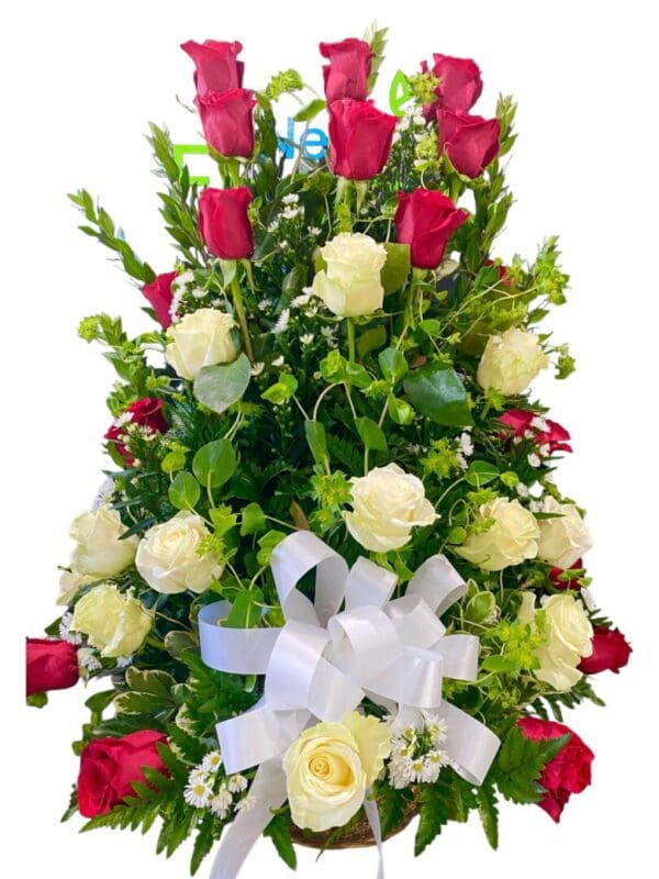 36 Red And White Roses In Basket - Image 3