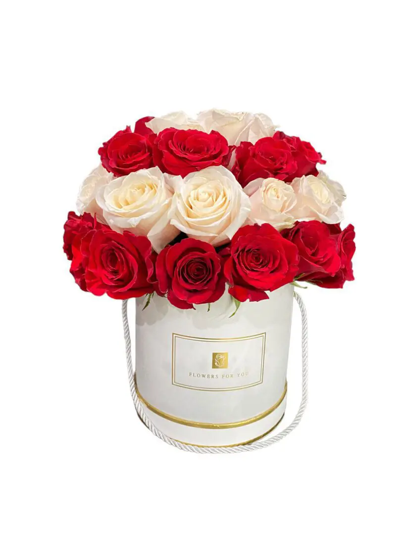 Red White Roses Arranged in a White Round Box