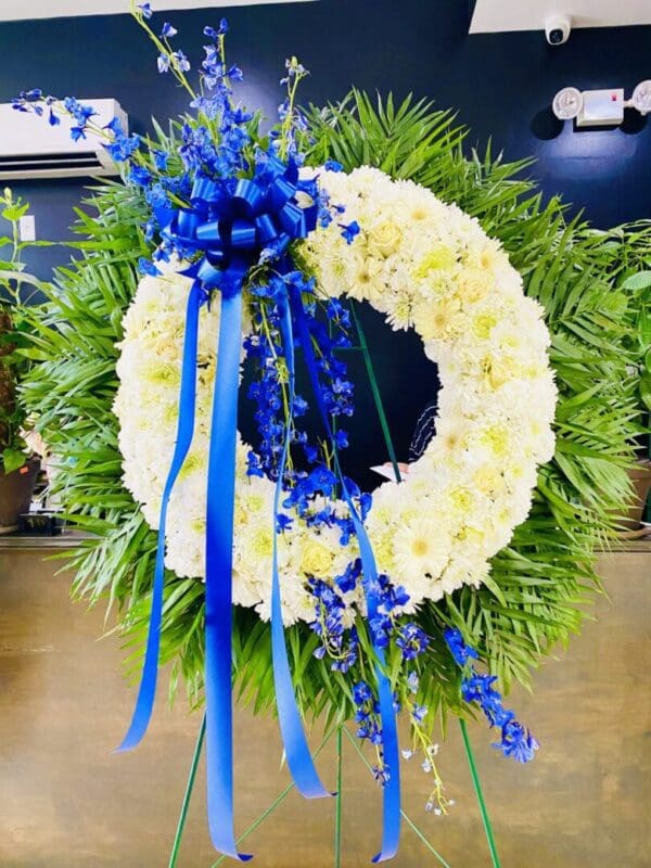 Blue and White Wreath with blue ribbons