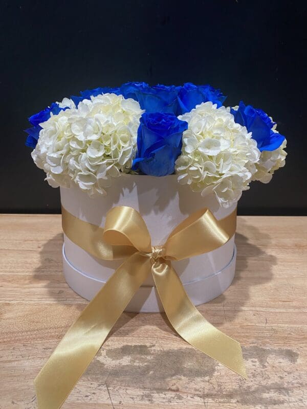 Deluxe White Box with Blue Roses & Hydrangeas