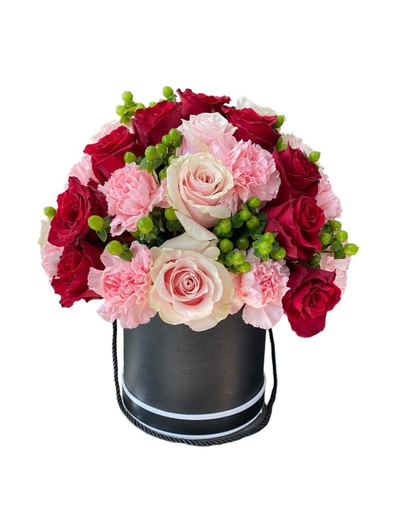 Black Hat Box Arrangement Red and Pink Flowers