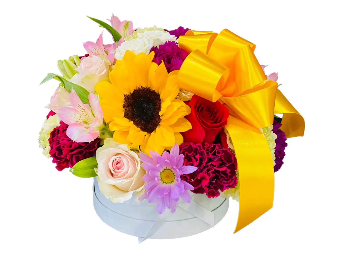 Bright colors in a white box with flowers