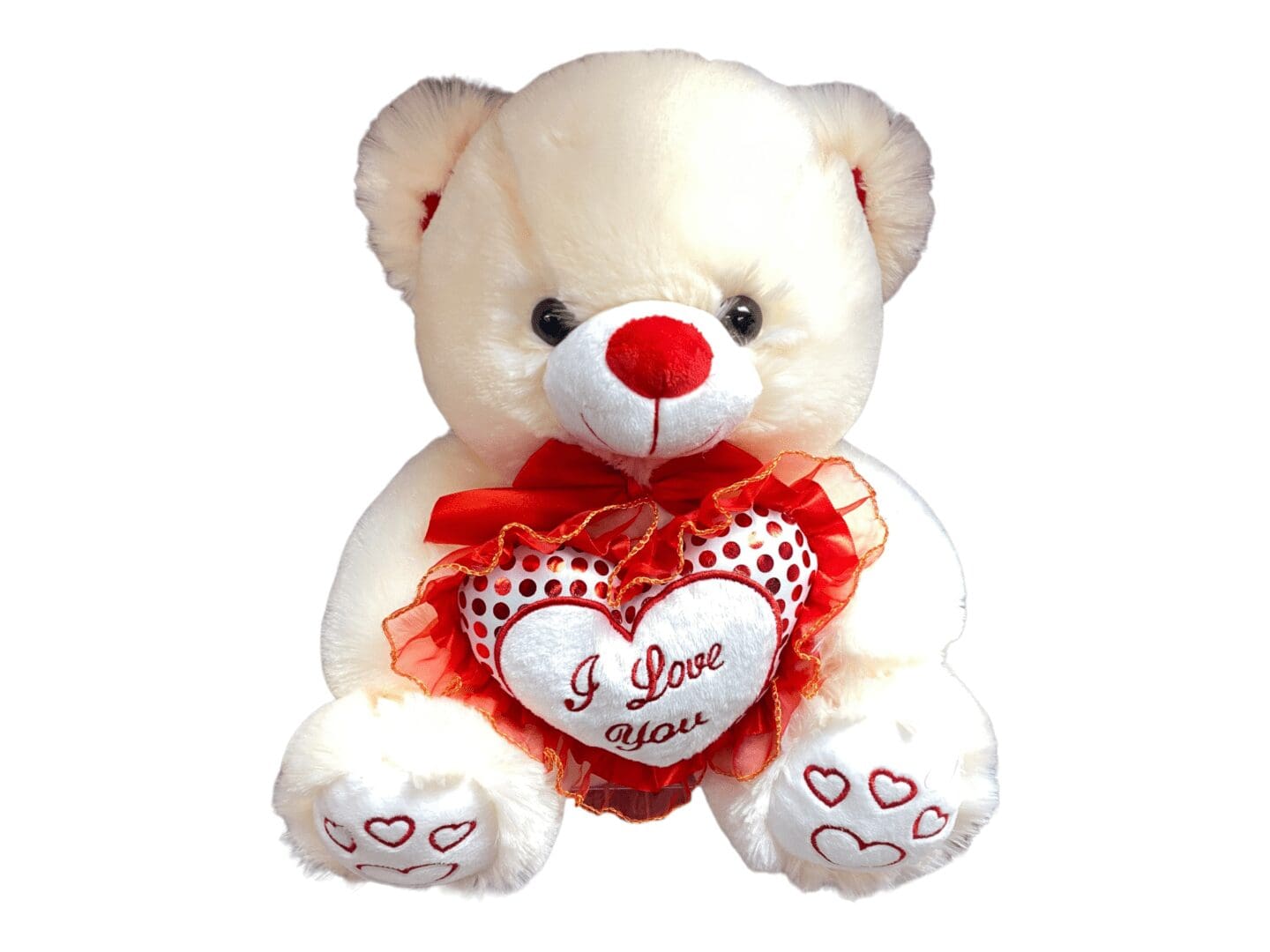A white color Teddy bear that says I Love You