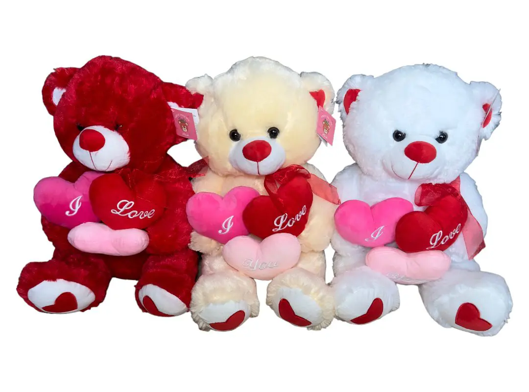Three GT8118 HAPPY BIRTHDAY TEDDY BEAR 20” with "i love you" hearts, in red, cream, and white colors, isolated on a white background.