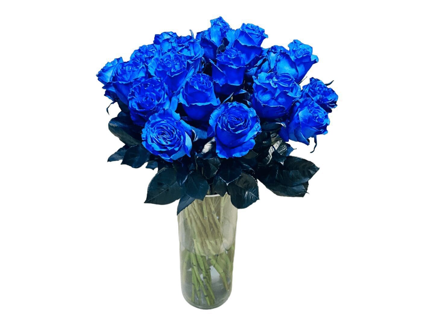 24 blue roses arrangement with a glass vase