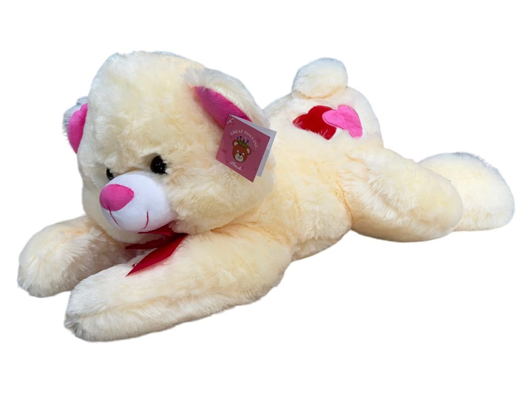 A GT8118 Happy Birthday Teddy Bear 20” with a white and pink color scheme, heart-shaped patches, and a bow tie, isolated on a white background.