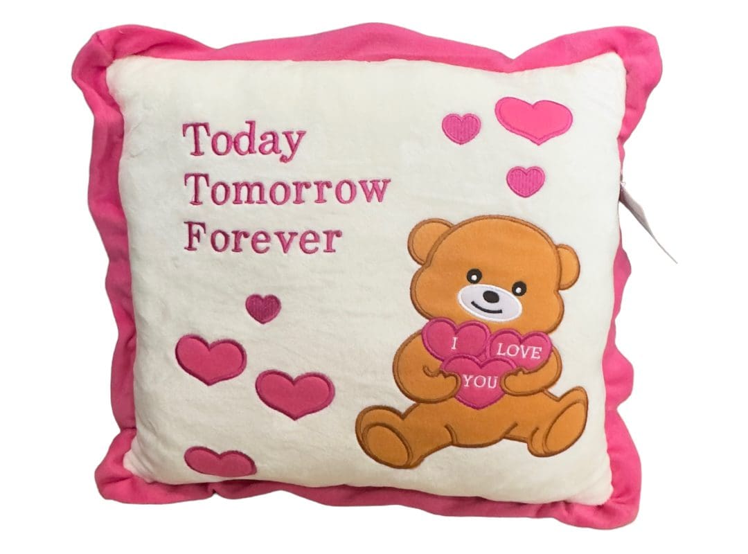 Decorative pillow with a GT8118 HAPPY BIRTHDAY TEDDY BEAR 20” holding a heart that reads "i love you" and the words "today tomorrow forever" surrounded by hearts.