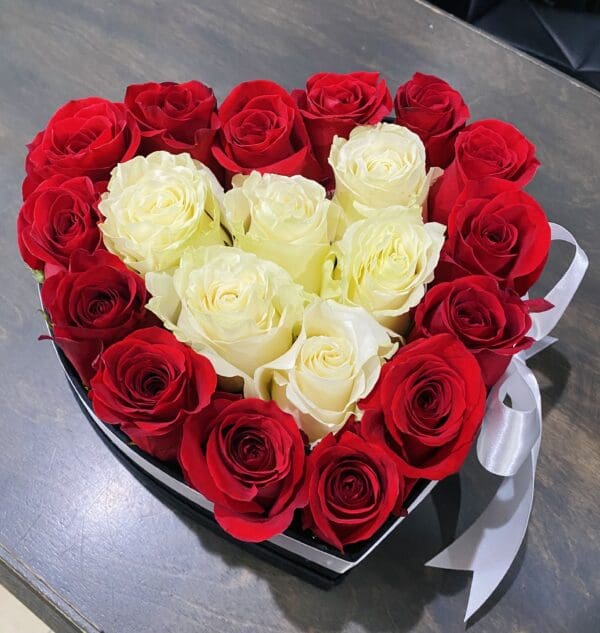 HEART-SHAPED BOX WITH RED-WHITE ROSES