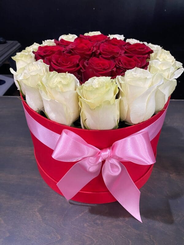 Red Hat Box with White and Red Roses