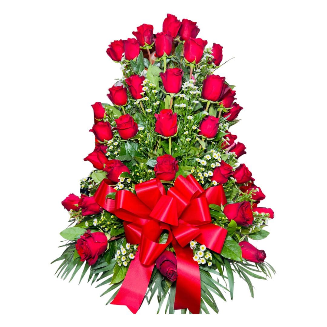 A bouquet of red roses with a large red bow on a white background.