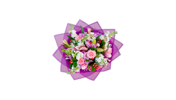 A Beautiful bouquet in pink wrapping paper viewed from above.