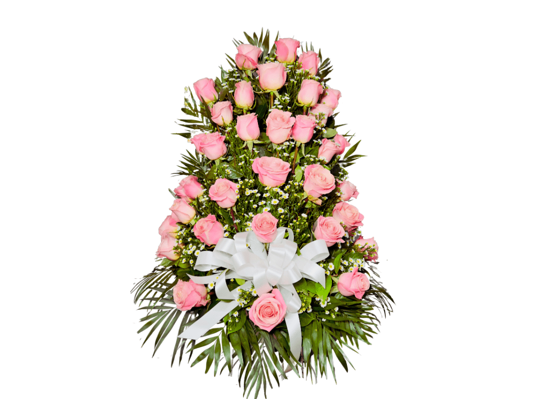 36 Pink Roses Basket sympathy arrangement with a white ribbon, isolated on a white background.