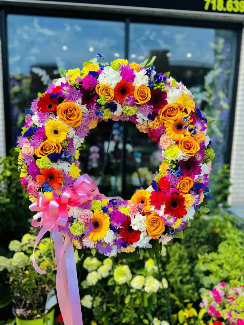 A Multicolor Bright Standing Wreath with a pink ribbon displayed in front of a window.