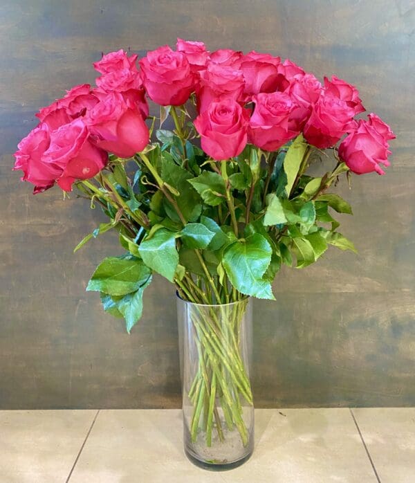 24 Premium Hot Pink Roses in Vase - Image 4