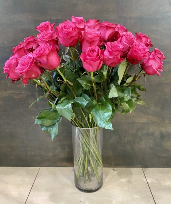 24 Premium Hot Pink Roses in Vase